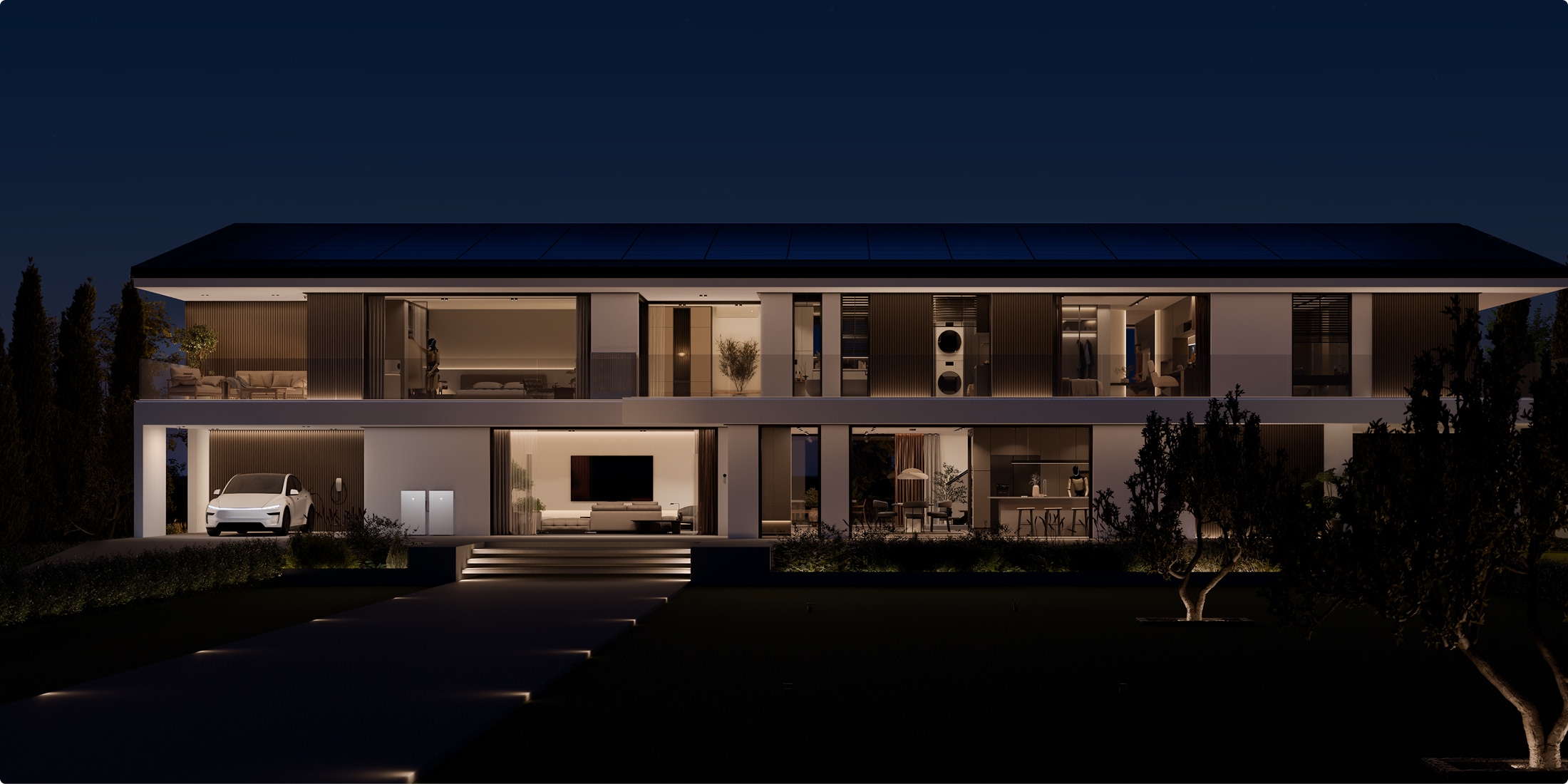 Woning met zonnepanelen en energieopslag in de avond