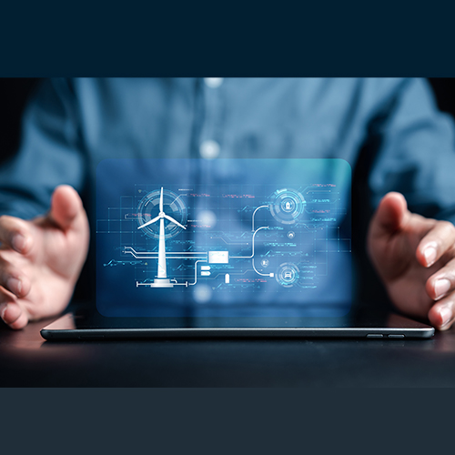 Digitale energie-infrastructuur met windturbine en EMS-interface